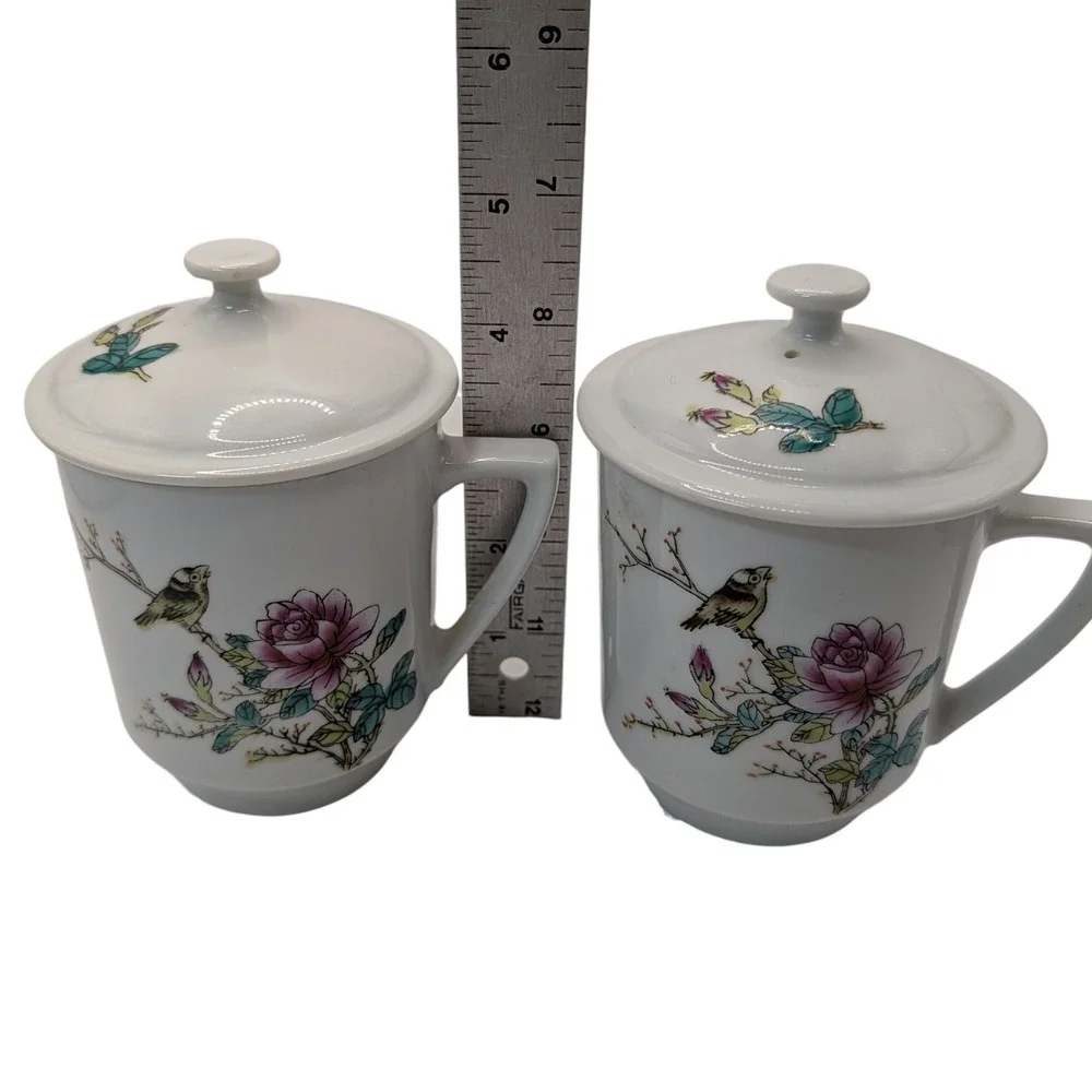 Vintage Chinese Footed Teacup Lidded Asian Rose Floral Bird‎ Set of Two SEE